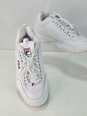 FILA Disruptor II White Low-Top Sneakers with Red & Navy Logo Accents Women's 10